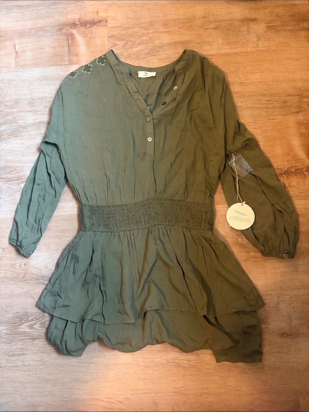 Hummingbird Olive Green Smocked Waist Peplum Dress
